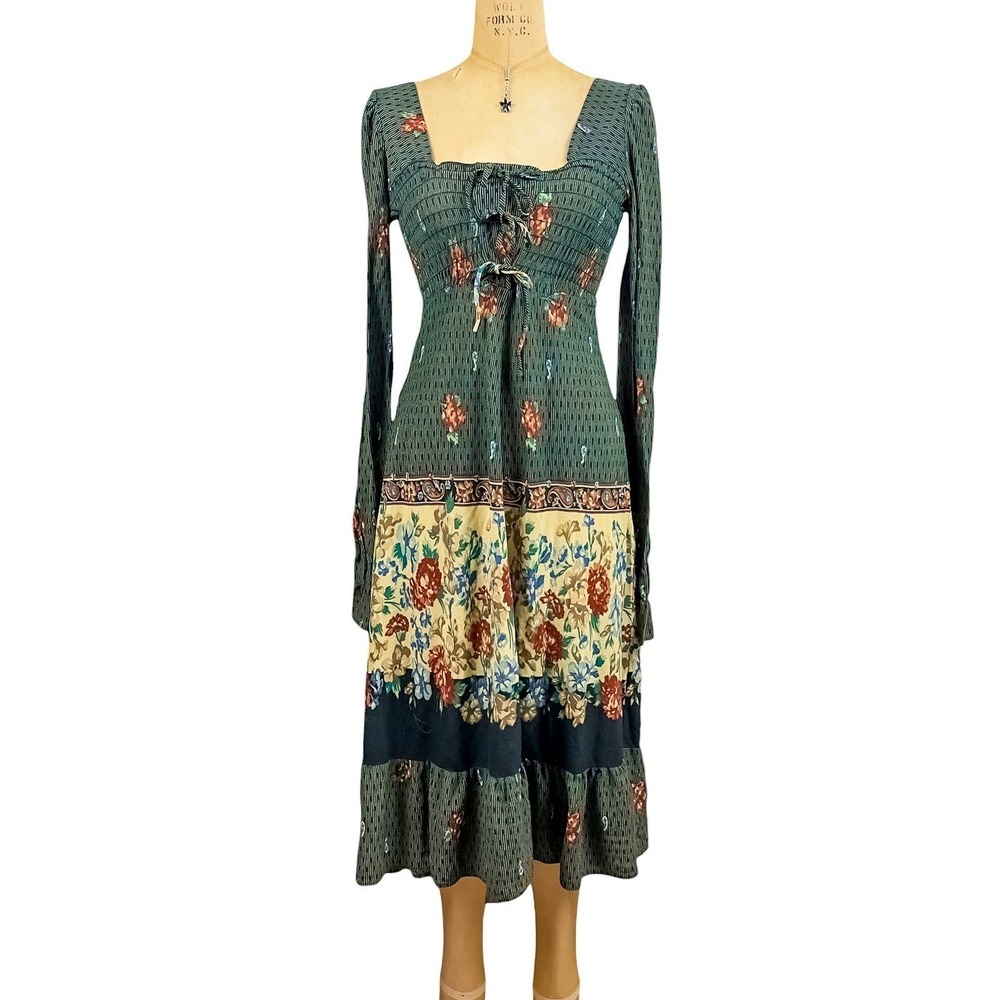 90s Vintage Prairie Floral Midi Dress Smocked Milkmaid Puff Sleeve Art Deco S